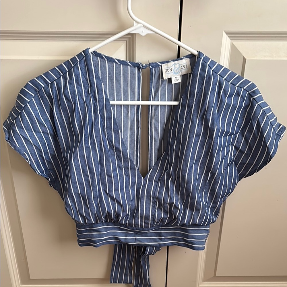 Blue and White Puff Sleeve Crop Blouse with Tie Front